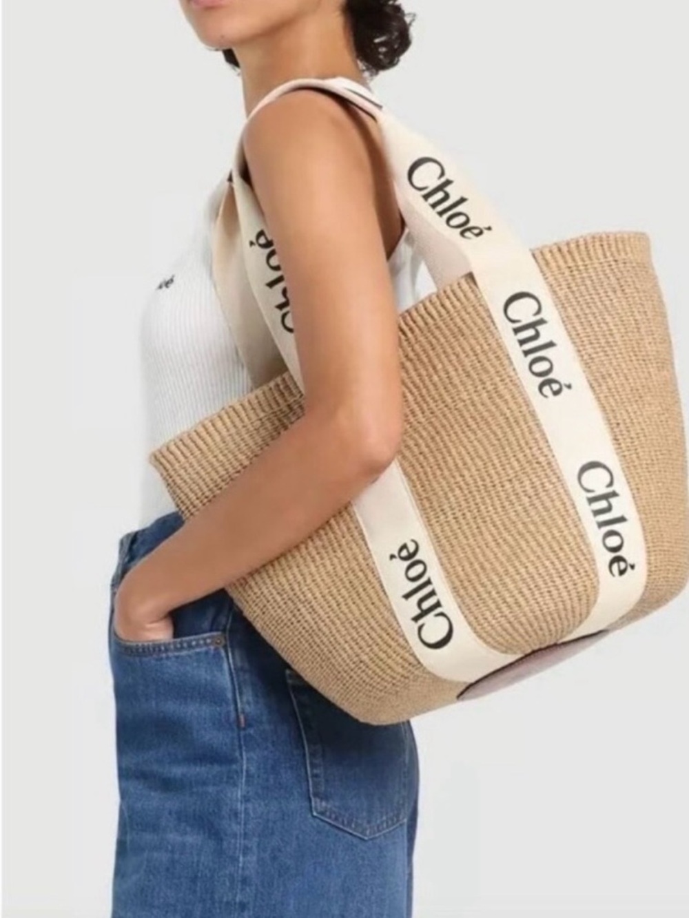 Chloe Beige Mifuko Editon Raffia Large Woody Tote
